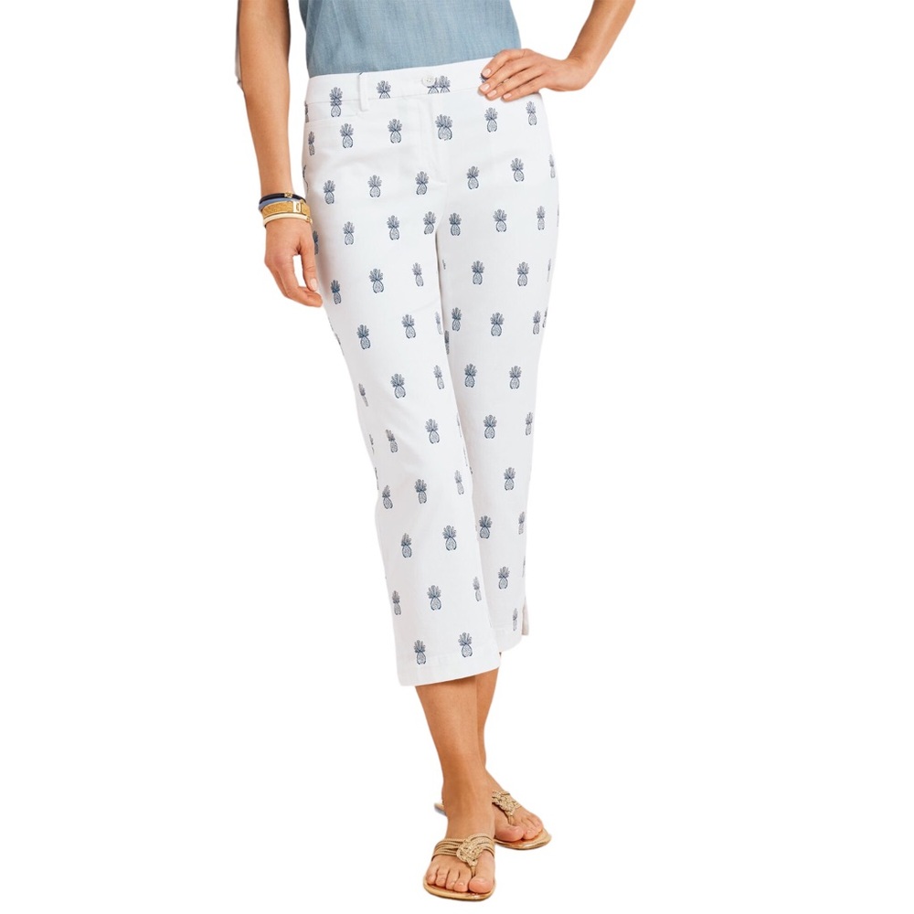 TALBOTS The Perfect Crop Curvy Pants White Navy Pineapples Size 16 Petite